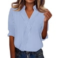 thumbnail image 7 of OIOLOYJM Women's Polo Shirts Striped 3/4 Sleeve V-Neck Golf Shirts Spring Lapel Collared Athletic Lightweight T-Shirt Fashion Business Activewear Light Blue S, 7 of 7