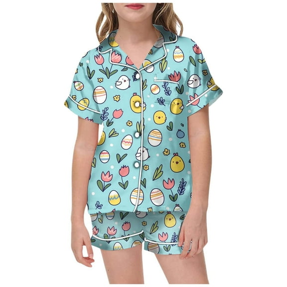 Easter Pajamas for Girls Size 16 Cute Bunny Short Sleeve Shirt Shorts Casual 2pcs Pj Set Sleepwear Easter Day Gift,Light Green,160(12-13 Years)