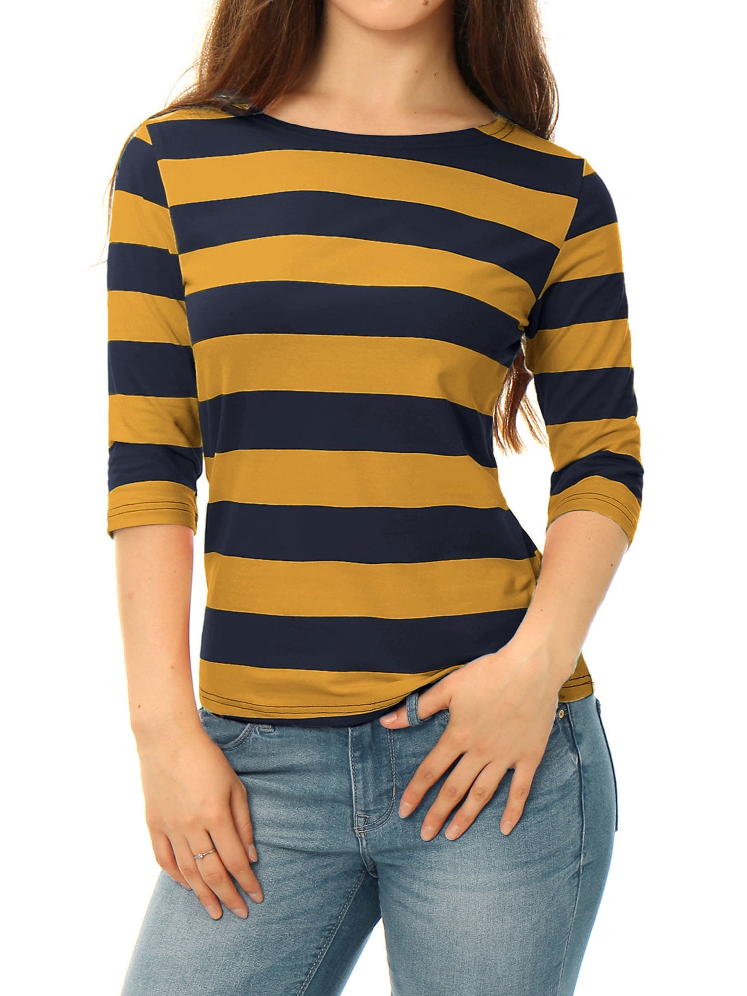 DARING DIVA Women's Halloween Costume Boat Neck Top T-Shirts M Mustard Navy