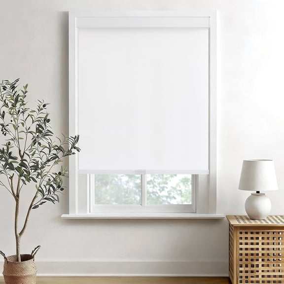 AOSKY Cordless Blackout Roller Shades, Free-Stop Natural Woven Window Blinds Thermal Insulated UV Protection for Home and Office, 34"W x 72"H, White