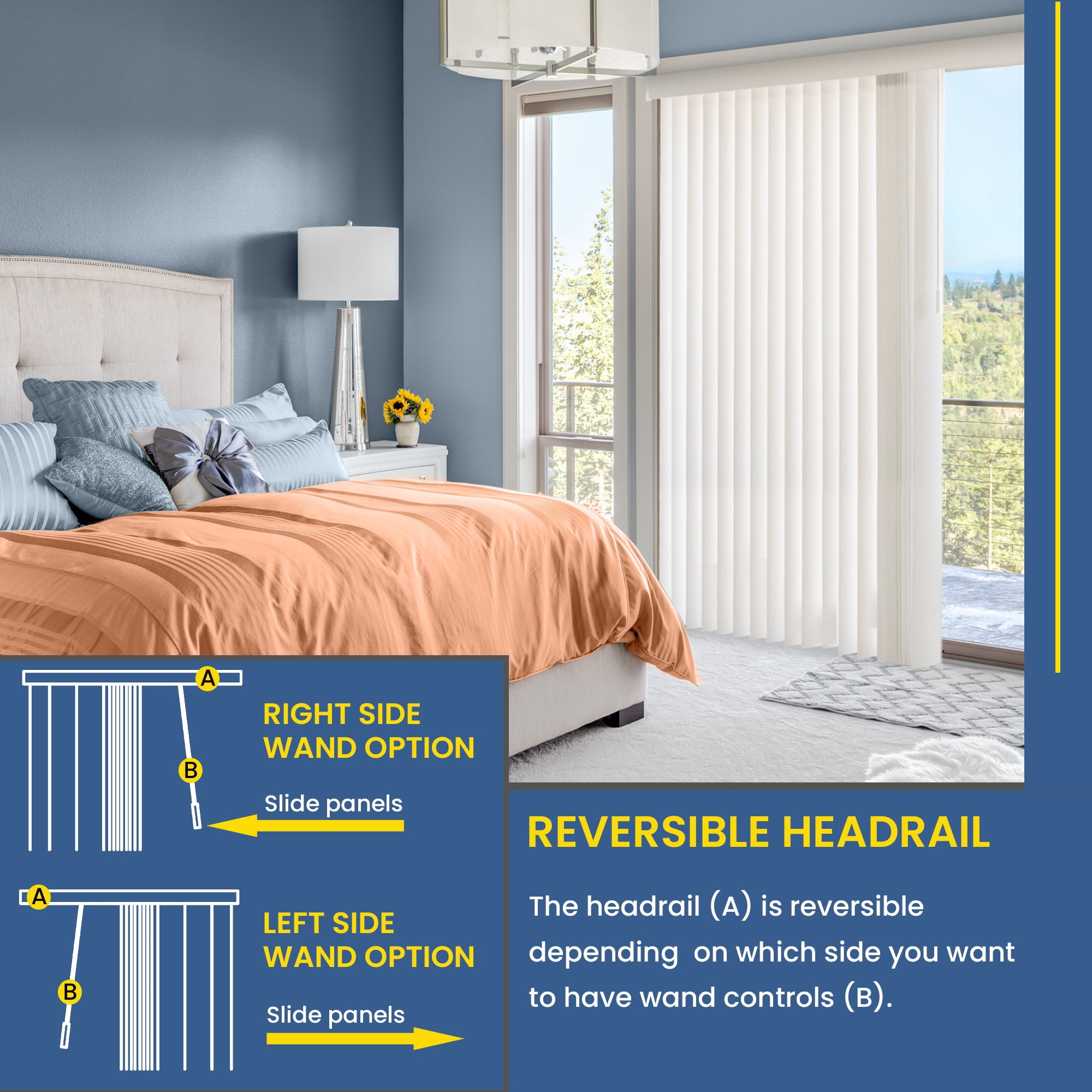 YELLOW BLINDS White Cordless PVC Vertical Blinds for Large Windows & Sliding Glass Doors, 78” W x 84” H, Light Filtering or Room Darkening, Easy Install, Modern Valance, Moisture-Resistant Shades