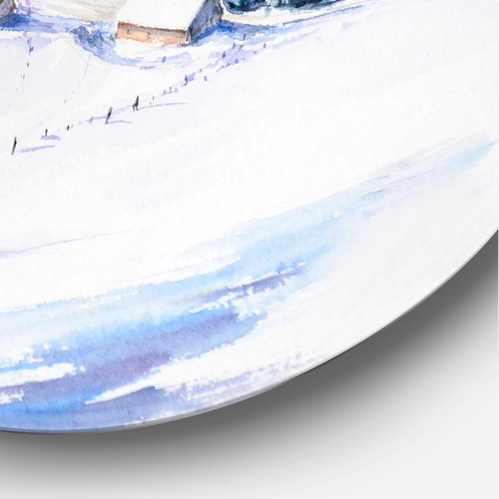 Designart 'Wooden House With Winter Mountain Landscape' Traditional Circle Metal Wall Art 29x29 - Disc of 29