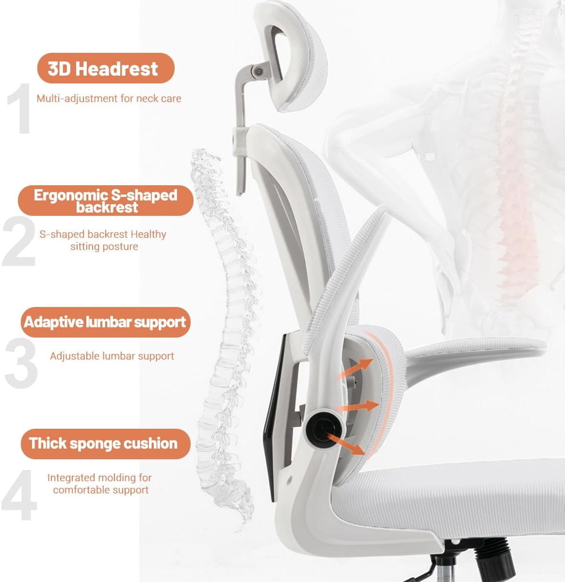 WXJHL Ergonomic Office Chair Comfort Home Desk Chair Adjustable High Back Mesh Chair Lumbar Support Computer Chair with Flip-up Arms for Work, Study, Gaming,White Mesdh Chair（White）
