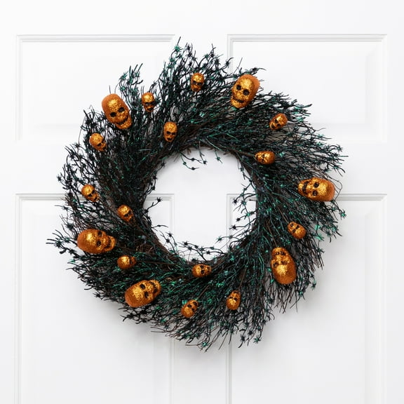 Northlight Glittered Skulls and Spiders Halloween Twig Wreath - 22" - Unlit