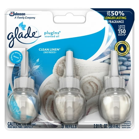 Wall Flower Scent Refill Glade PlugIns Scented Oil Refill Clean Linen, Essential Oil Infused Wall Plug In, 2.01 FL OZ, Pack of 3 ()