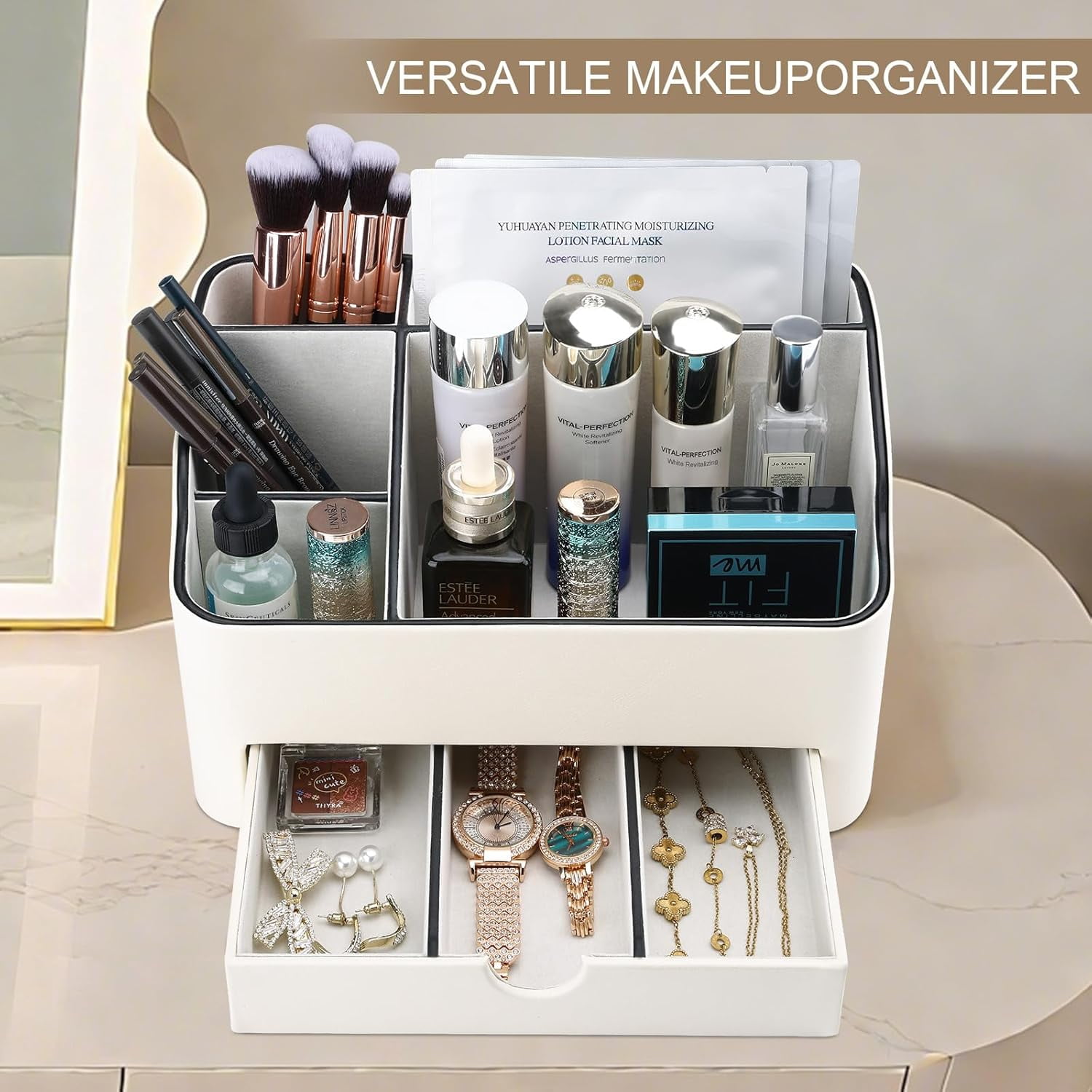PU Leather Desk Organizer with Drawer, 5 Compartments Desktop Storage Caddy for Office Home Supplies, Pen Holder for Remote Control, Phone & Accessories, Mail Organizer Countertop Ivory White