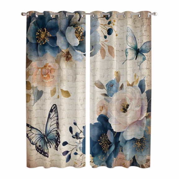 Kitchen Curtains 84 Inch Length 2 Panels, Vintage Blue Floral Grommets Window Treatment Curtain, Butterflies Watercolor Flower Tan Thermal Curtains Drapes for Living Room/Bathroom