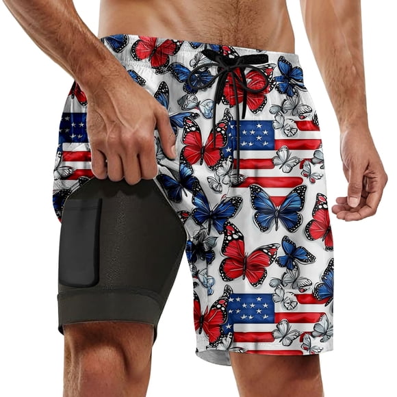 FYEGRE Beach Wear for Men Flag Swim Trunks For Men Double Layer Board Shorts Beach And Pool Summer Swimming Wear White M