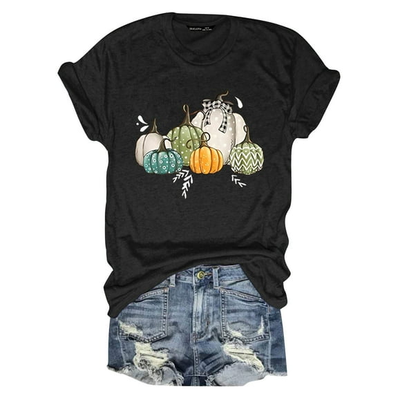 Womens Tops Blouses Short Sleeve Round Neck Pumpkin Fruit Printed Womens Tee,Black,L