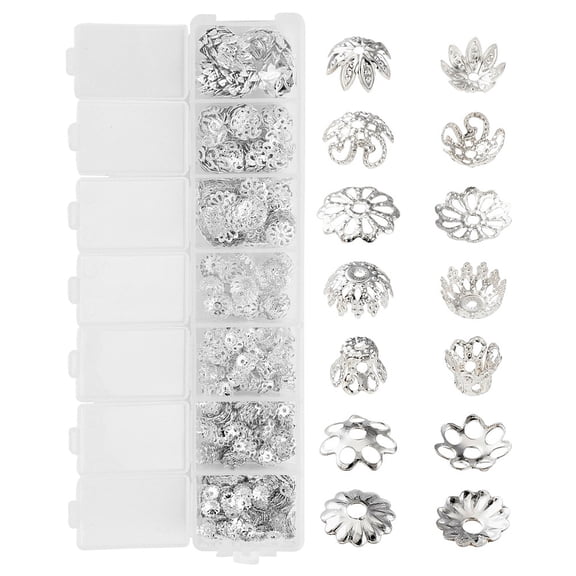 755Pcs 7 Style Iron Bead Caps Flower Silver 5~10x1~4.4mm Hole: 1~1.5mm