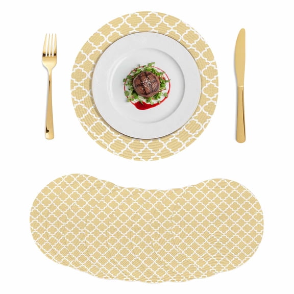 Yellow Moroccon Round 15 Inch Placemats Set of 8, Farmhouse Minimalist Ethnic Geometric HeatResistant Non Slip Place Mats for Dining Table, Wipeable Braided Kitchen Table Mats for Housewarming