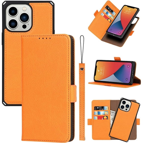 2-in-1 Magnetic Detachable Wallet Case for iPhone 13 Pro Max Pro Max, Card Slots Holder Genuine Leather Kickstand Shockproof Wrist Lanyard Strap Removable Cover 6.7",Orange