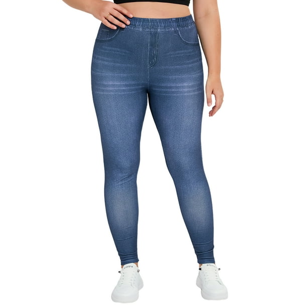 MAWCLOS Women Plus Size Leggings Plain Fake Jeans Pockets Print Oversized  Faux Denim Pant Soft Summer High Waist Pencil Pants Blue 4XL 