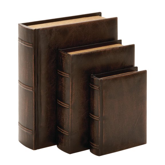 DecMode Vintage Faux Book Storage Dark Brown Faux Leather Decorative Box with Gold Page Detailing, 3 Count