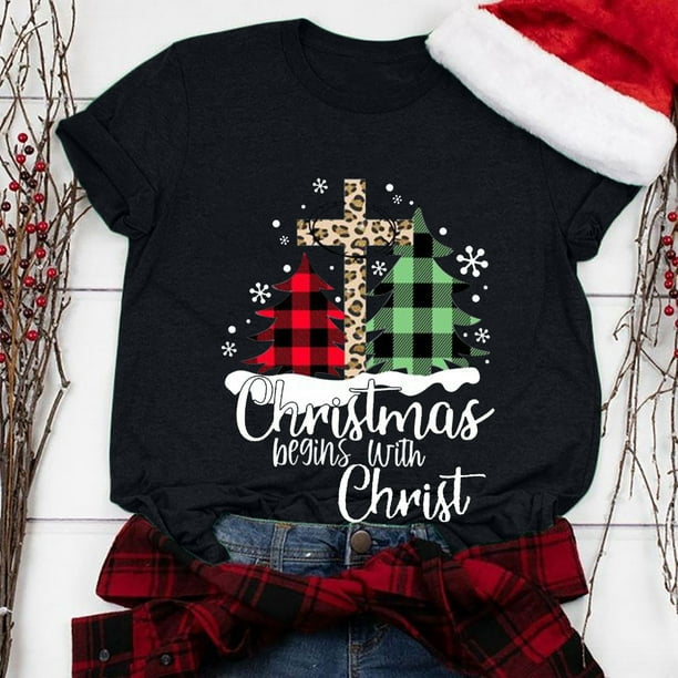 Puntoco Camiseta de cuello redondo para mujer Camiseta con estampado de árbol de Navidad de celosía Camiseta de manga corta tops Puntoco Puntoco-9165