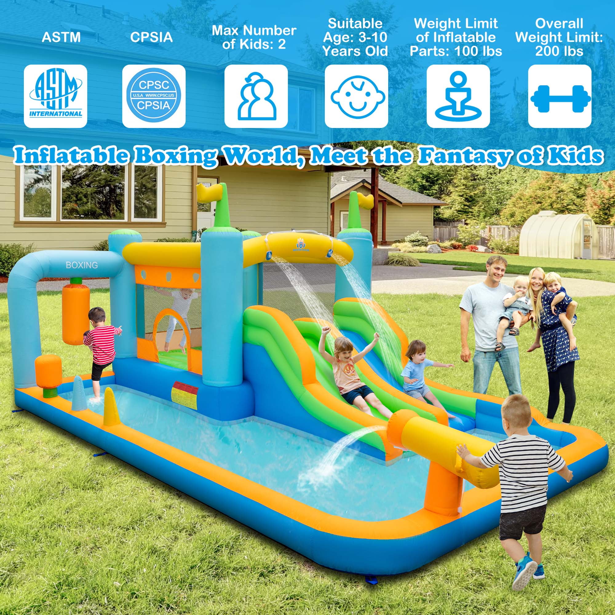 Costway Inflatable Water Slide Giant Kids Bounce House Park Splash Pool with 680W Blower for Toddler, Bouncy Water Park