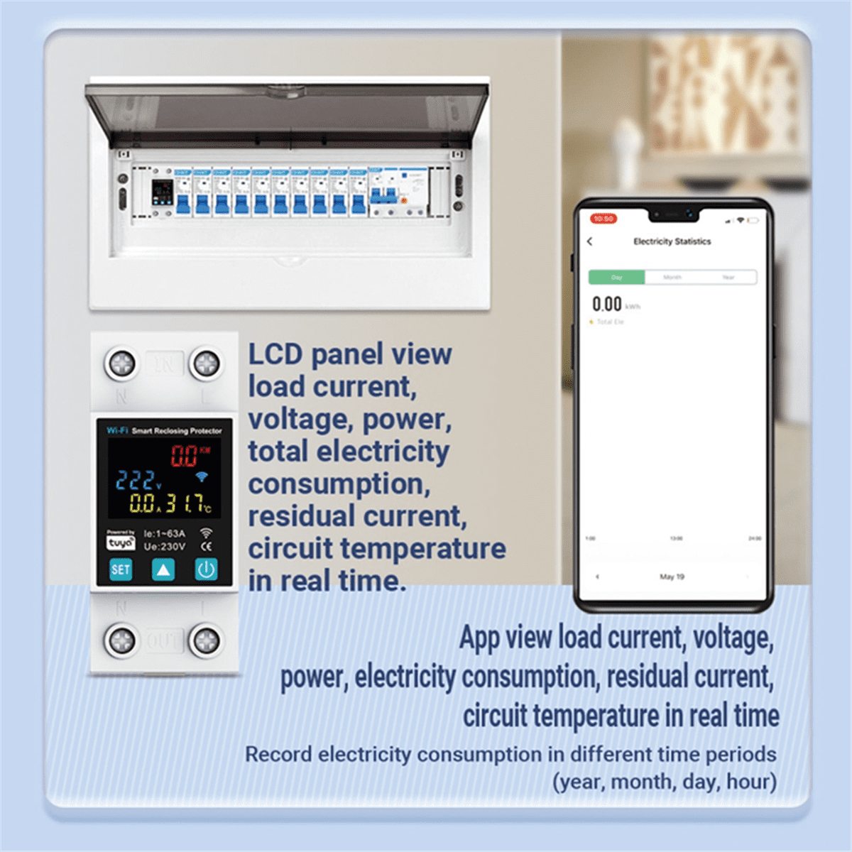 HOT HOT 1P 1-63A Tuya WiFi Smart Circuit Breaker LED Display Switch with Power Metering Life Control Via Home