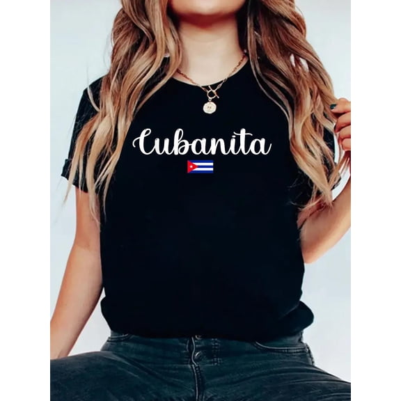 100% Cotton Women Cubanita Cuba Flag Libre T-Shirt Women's Graphic Tee Casual Tops