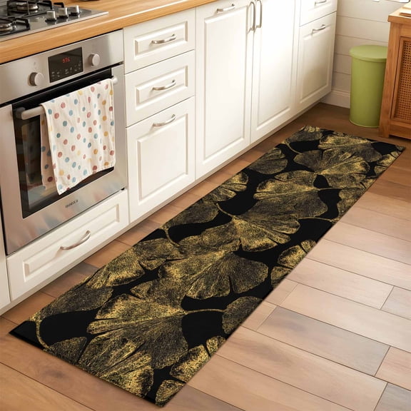 2'x6' Rug Runners for Hallways Kitchen, Yellow Black Leaves Non Slip Entryway Beside Floor Carpet Runner, Vintage Abstract Art Botanical Washable Laundry Room Bedroom Throw Rugs Mat for Family Pet