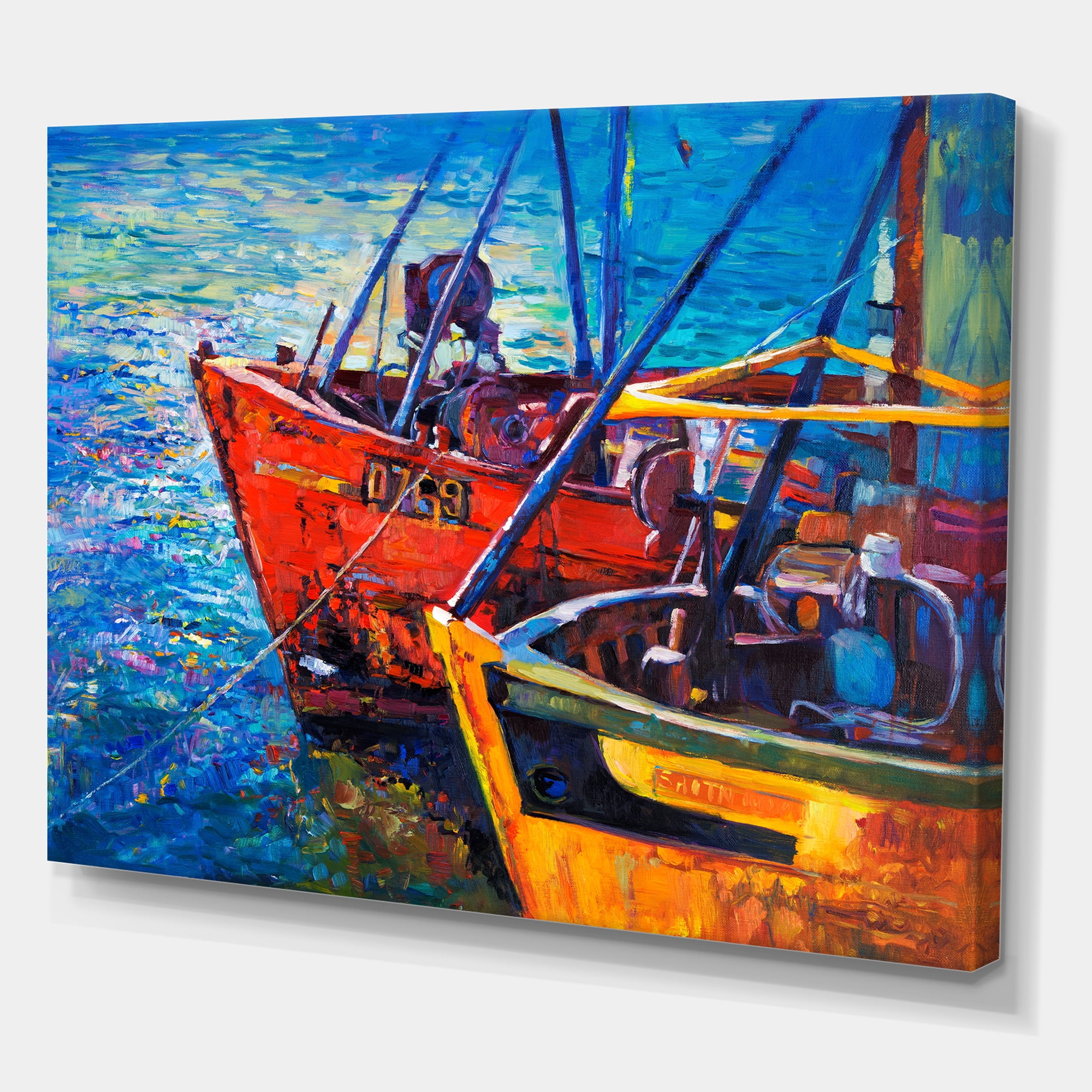 Designart ' Boats During Warm Sunset Resting On The Water VII ' Nautical & Coastal Canvas Wall Art Print