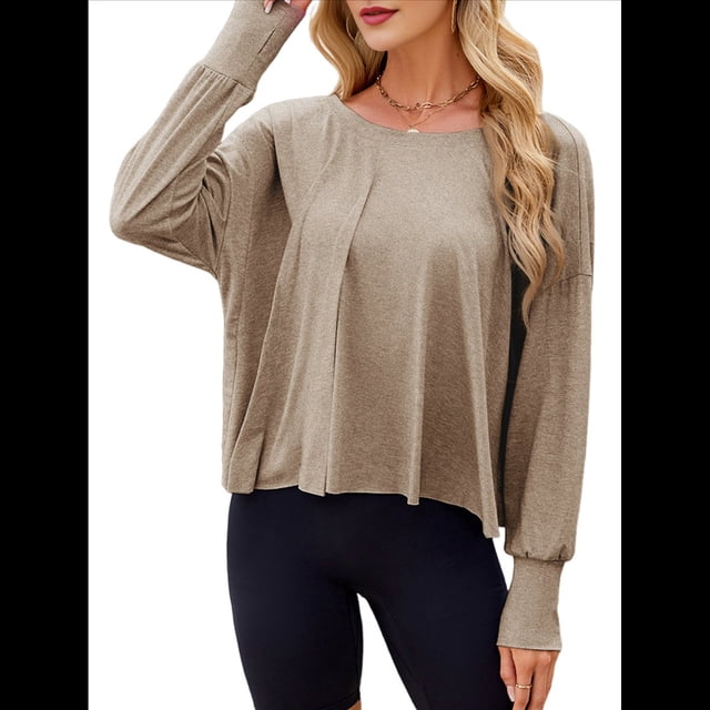 Top de Yoga Informal, Holgado, de Larga y Color Liso para Mujer, Suave y Transpirable. Caqui L