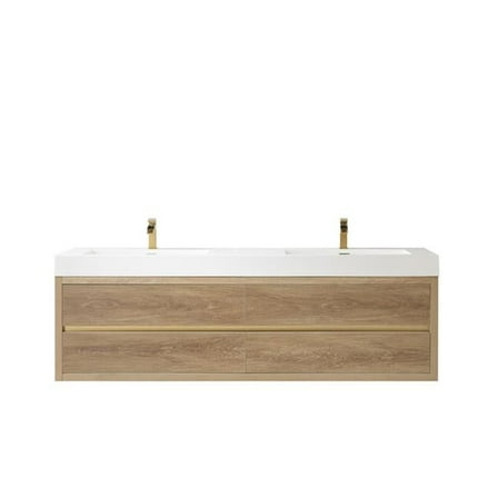 72 in. Palencia Double Sink Wall-Mount Bathroom Vanity, North American Oak with White Composite Integral Square Sink Top
