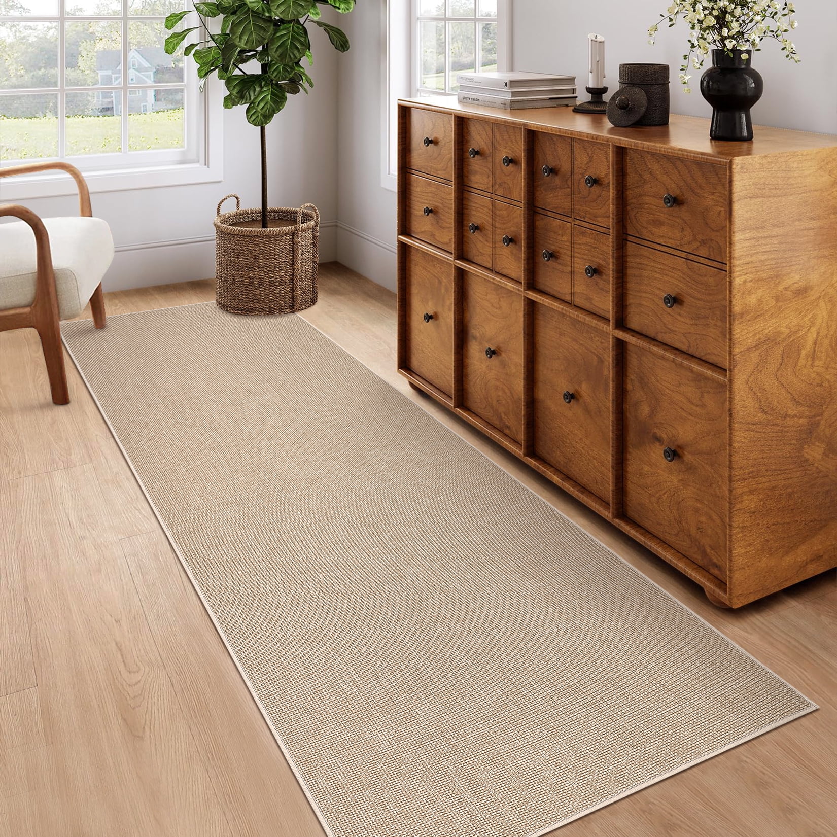 Garvee 2'x6' Modern Solid Color Runner Rug Minimalist Woven Textured Carpet, Washable Rug Non Slip Low Pile Indoor Mats for Hallway Bedroom Kitchen, Camel