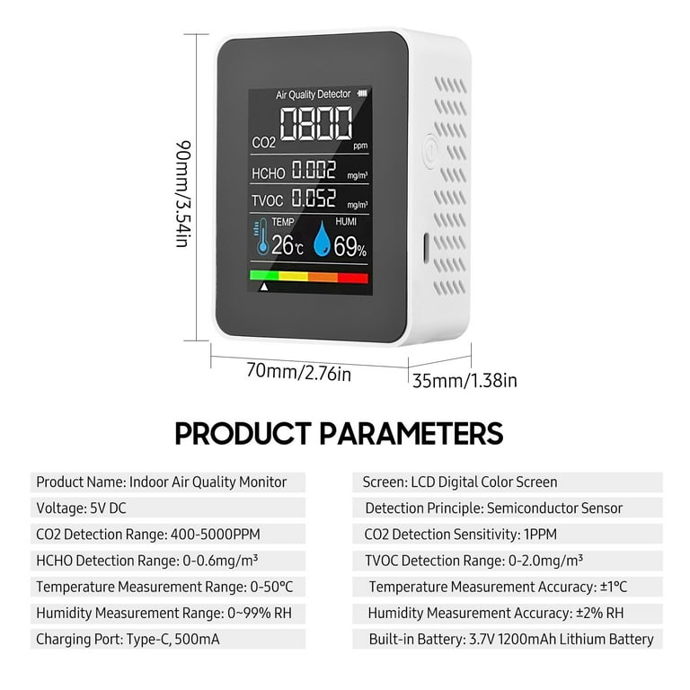 Bluetooth Air Quality Monitor Temp Humidity TVOC CO2 HCHO Indoor Air  Detector