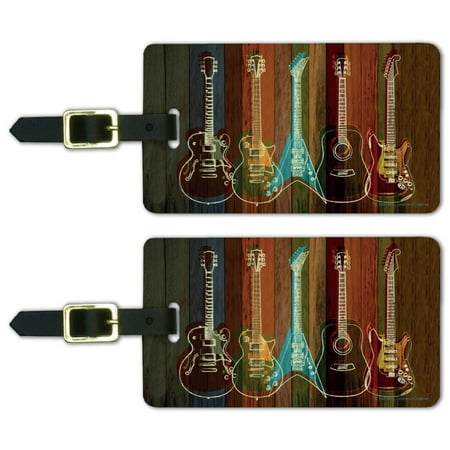 Guitars Electric Acoustic Rock and Roll Wood Paneling Luggage ID Tags Suitcase Carry-On Cards - Set of