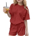 thumbnail image 1 of Ensemble T-Shirt et Short pour Filles, Haut à Col Rond Uni à Manches Courtes et Short, Tenue de Sport Décontractée Deux Pièces pour Enfants, 1 of 7