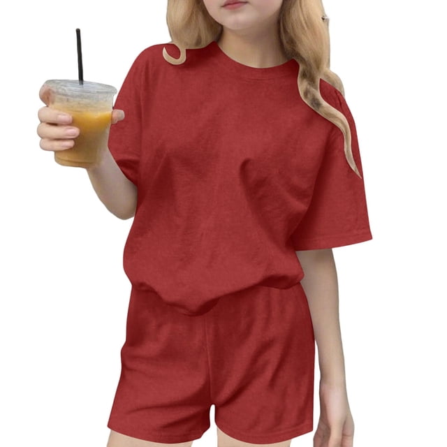 Ensemble T-Shirt et Short pour Filles, Haut à Col Rond Uni à Manches Courtes et Short, Tenue de Sport Décontractée Deux Pièces pour Enfants