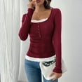 thumbnail image 7 of CIENVNSTG Women Lace Patchwork Ribbed Knit Tee Scoop Neck Casual Slim Fit Long Sleeve Crewneck Button Up Ruched Crop T-Shirts Wine S, 7 of 7