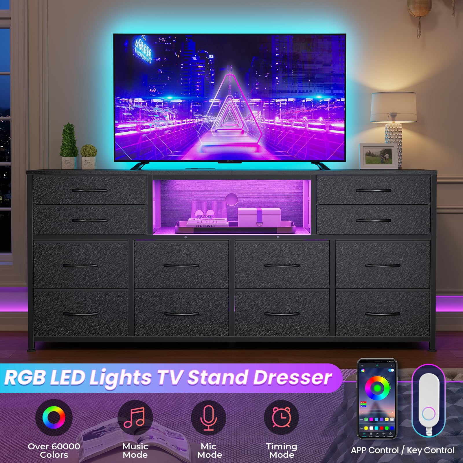 TV Stand Dresser for Bedroom with LED Light, Power Outlets,12 Drawers, Console Table for 32/45/55/65 inch TVs,55 inch Entertainment Center,Black PU