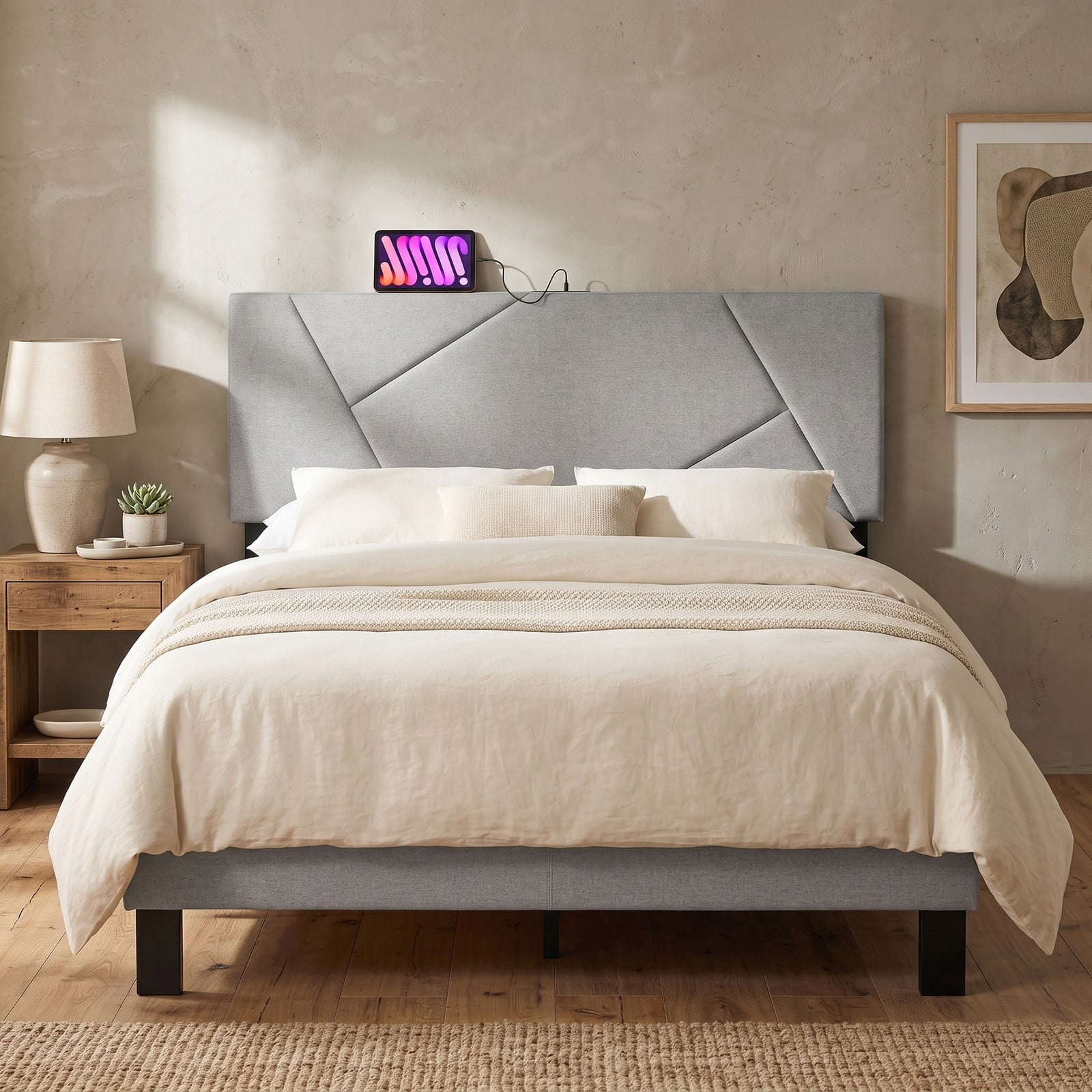 Furnibear Geometric Channel Upholstered Headboard with 2 AC Outlets and USB and Type-C Ports for Full and Queen Beds, Gray
