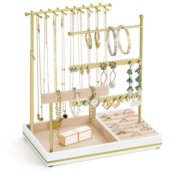 Emibele Jewelry Holder, Jewelry Organizer Stand, 5 Tier Jewelry Display Rack with Metal Frame and Velvet Ring Tray, Aesthetic Jewelry Stand Gift for Women, Gold