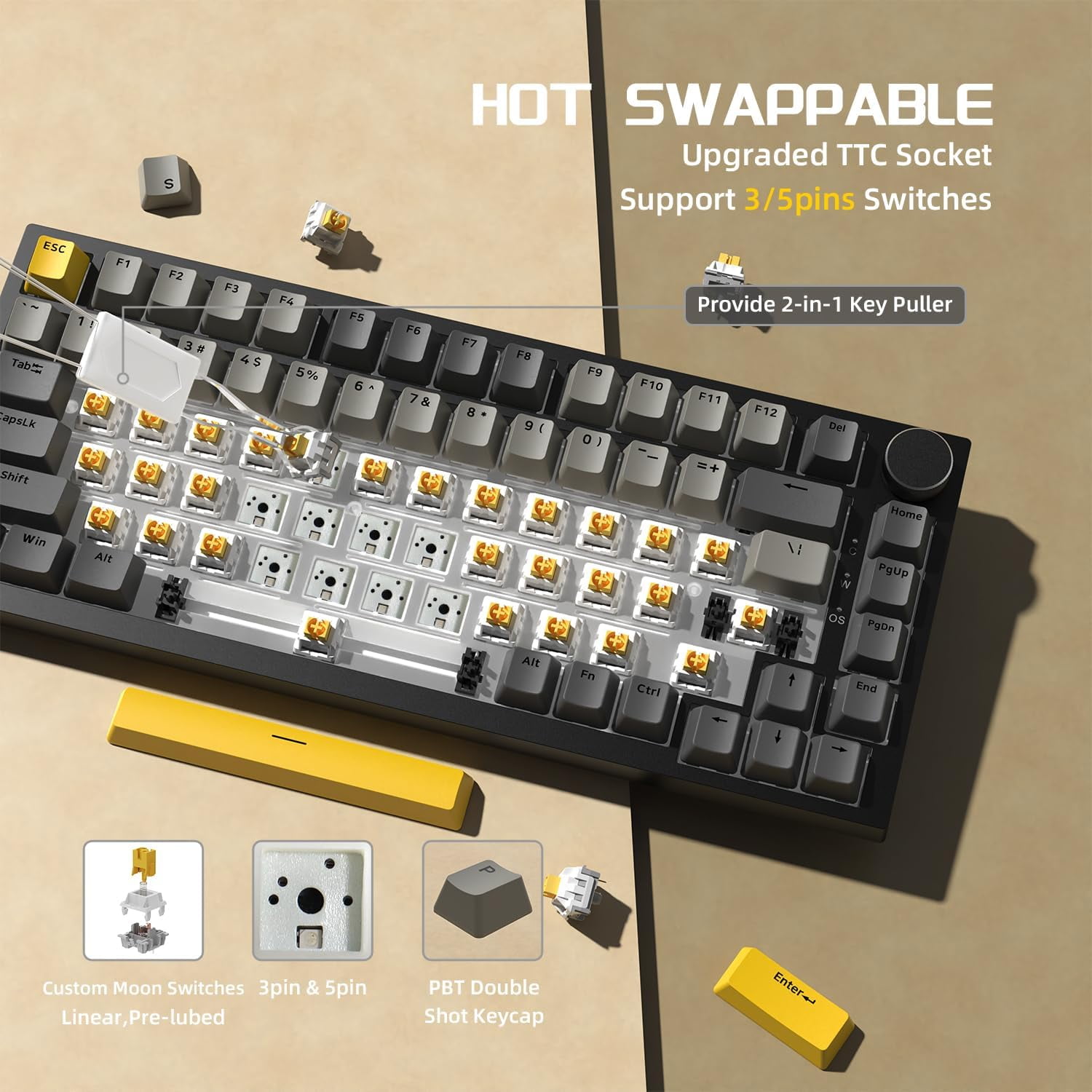 AJAZZ AK820 75% Wired RGB Hot Swap Mechanical Keyboard with CNC Volume Knob,Poron Foam Gasket Mounted,South Facing LED,OME Profile PBT Keycap-RGB Light,NKRO,Yellow Linear Switch Switch(Gray Orange)