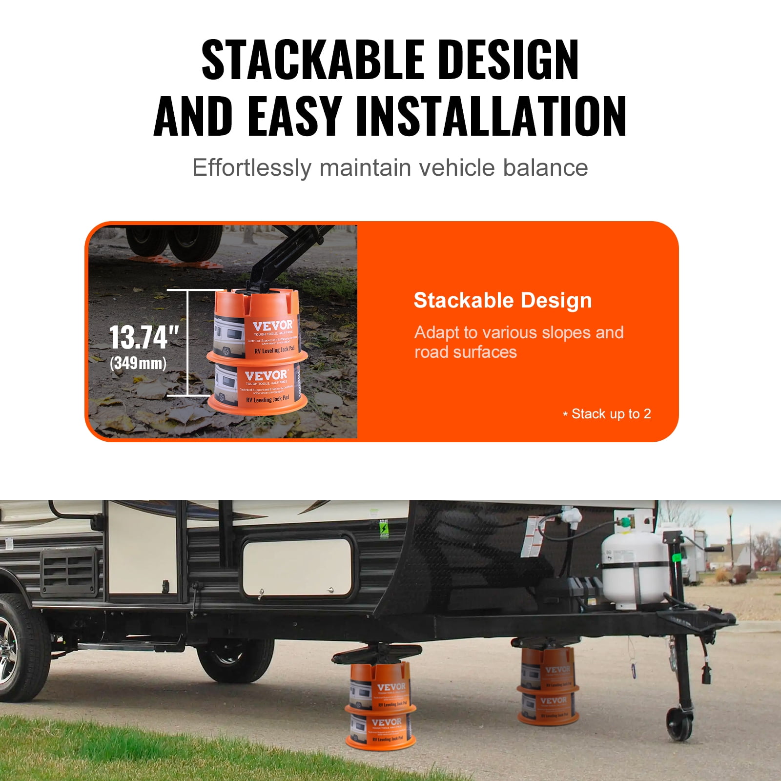 VEVOR Trailer Jack Block,2000 lbs Capacity per RV Leveling Block, High-quality Polypropylene RV Camper Stabilizer Blocks, RV Travel Accessories Use for Any Tongue Jack, Post, Foot, 5th Wheels, 2-Pack