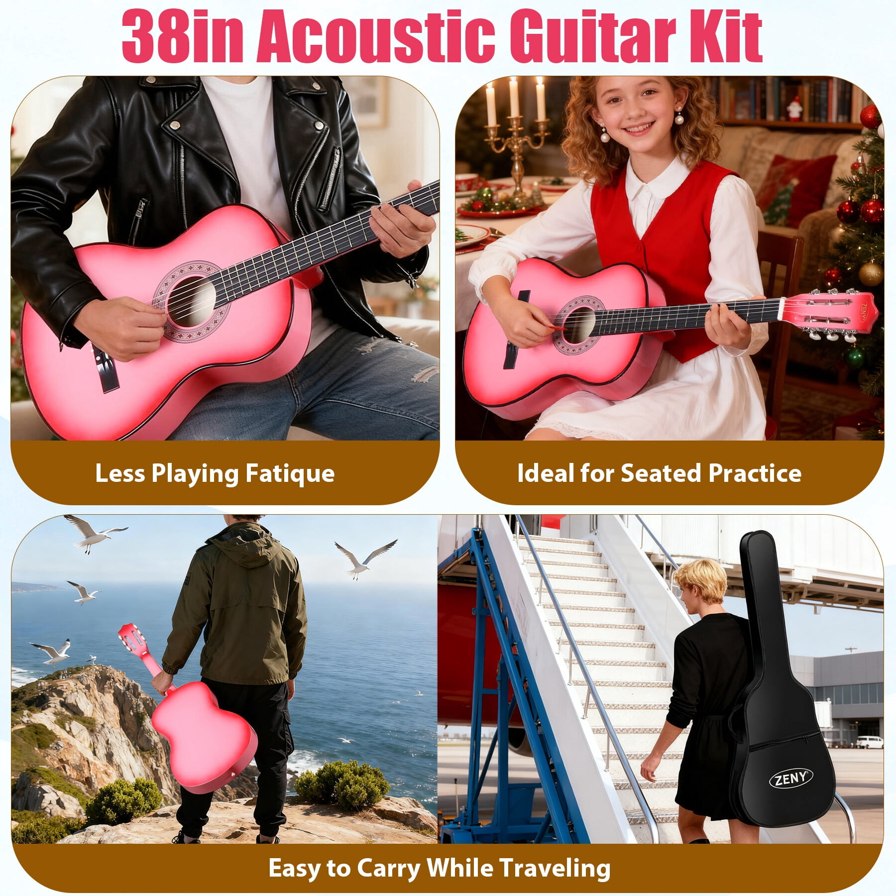 ZENY 38" Acoustic Guitar for Beginners, Student Starter Kit with Gig Bag, Strap, Tuner & Picks -Pink