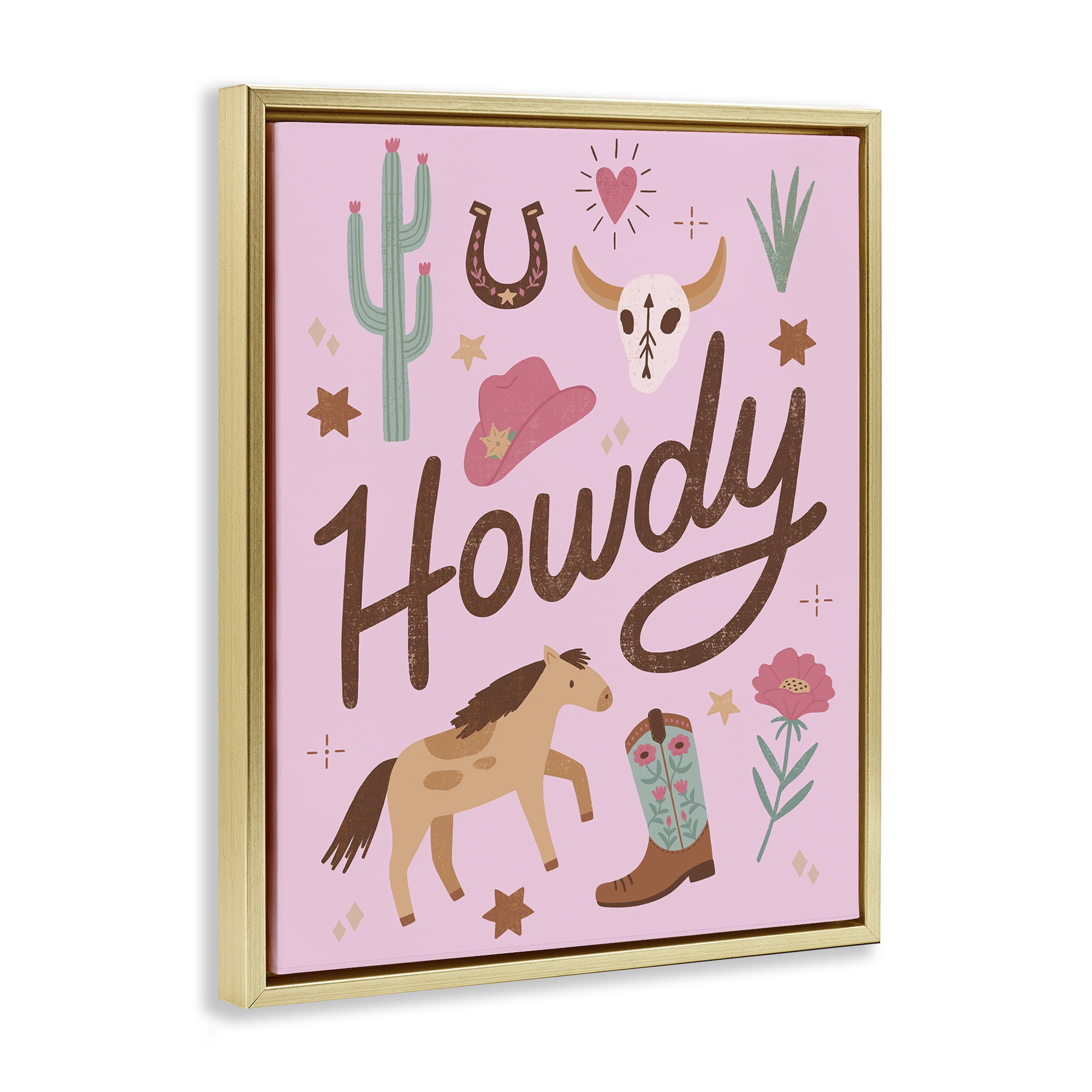 Stupell Industries Western Boho Girl Howdy Gold Framed Floater Canvas Wall Art, design by Nina Seven
