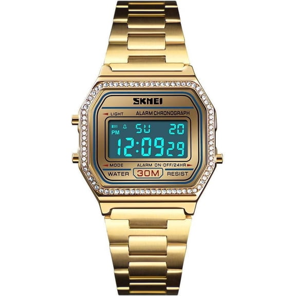 Classic Women's Digital Multifunction Sports Watch Stainless Steel Band Square Waterproof Electronic Led Watch