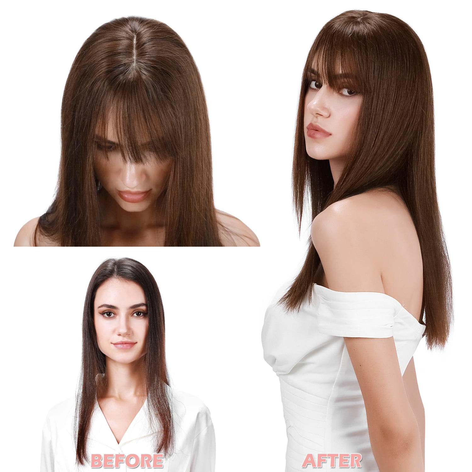 Benehair Clip In Remy Human Hair Extensions Silk Base Topper Hairpiece With Bangs Toupee Wig for Women Hair Loss 4 clips Blonde