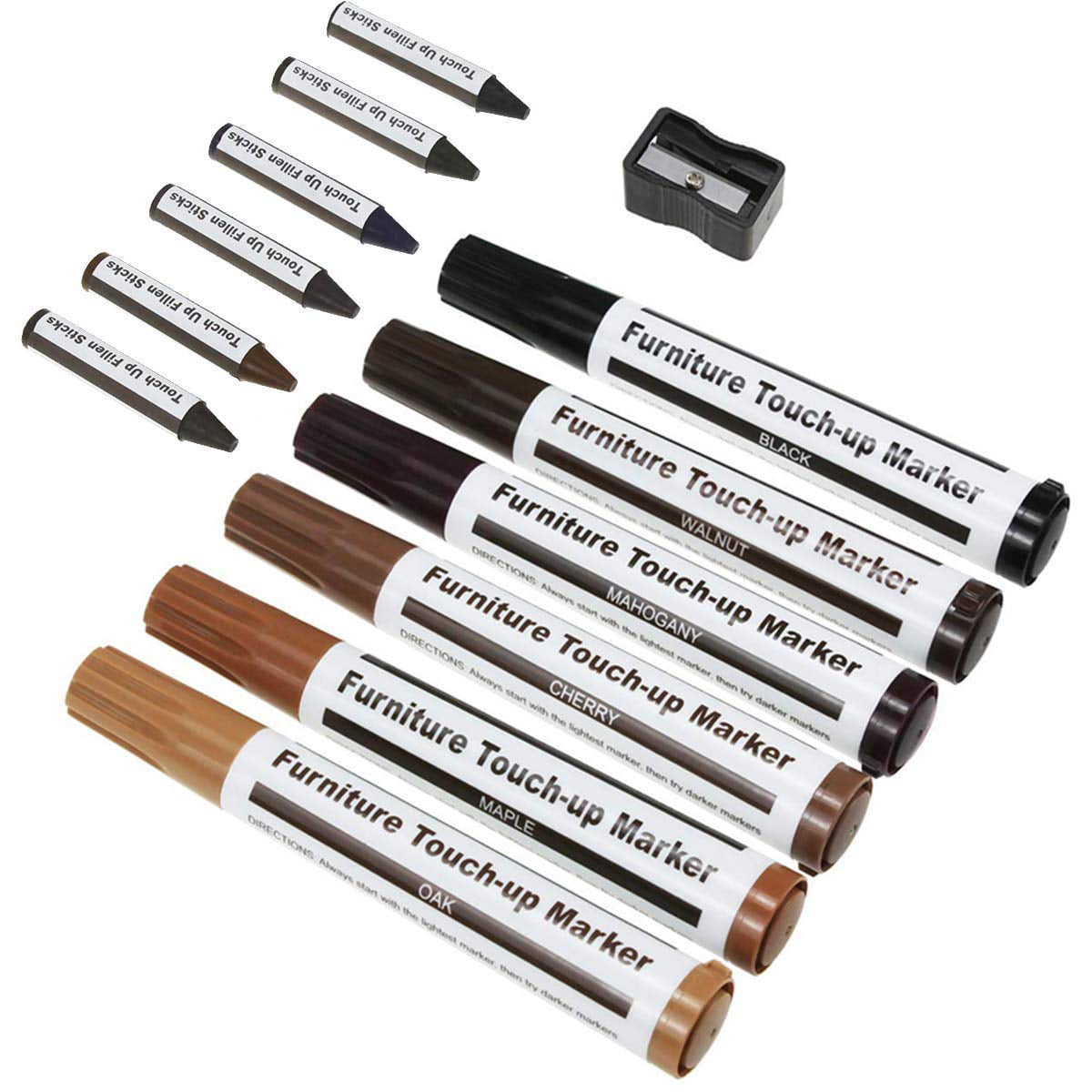 Ixir Furniture Repair Markers and Wax Sticks with Sharpener for Stains, Scratches, Wood Floor, Tables, Desks, Maple, Oak, Cherry, Walnut, Black
