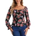 thumbnail image 1 of INSPIRAR CHIC Blusa Elegante de Manga Larga con Cuello Cuadrado y Fruncido Floral para Mujeres XS Negra, 1 of 6