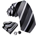 thumbnail image 3 of Conjunto de corbata Barry.Wang de rayas tejidas en seda con gemelos, 3 of 4
