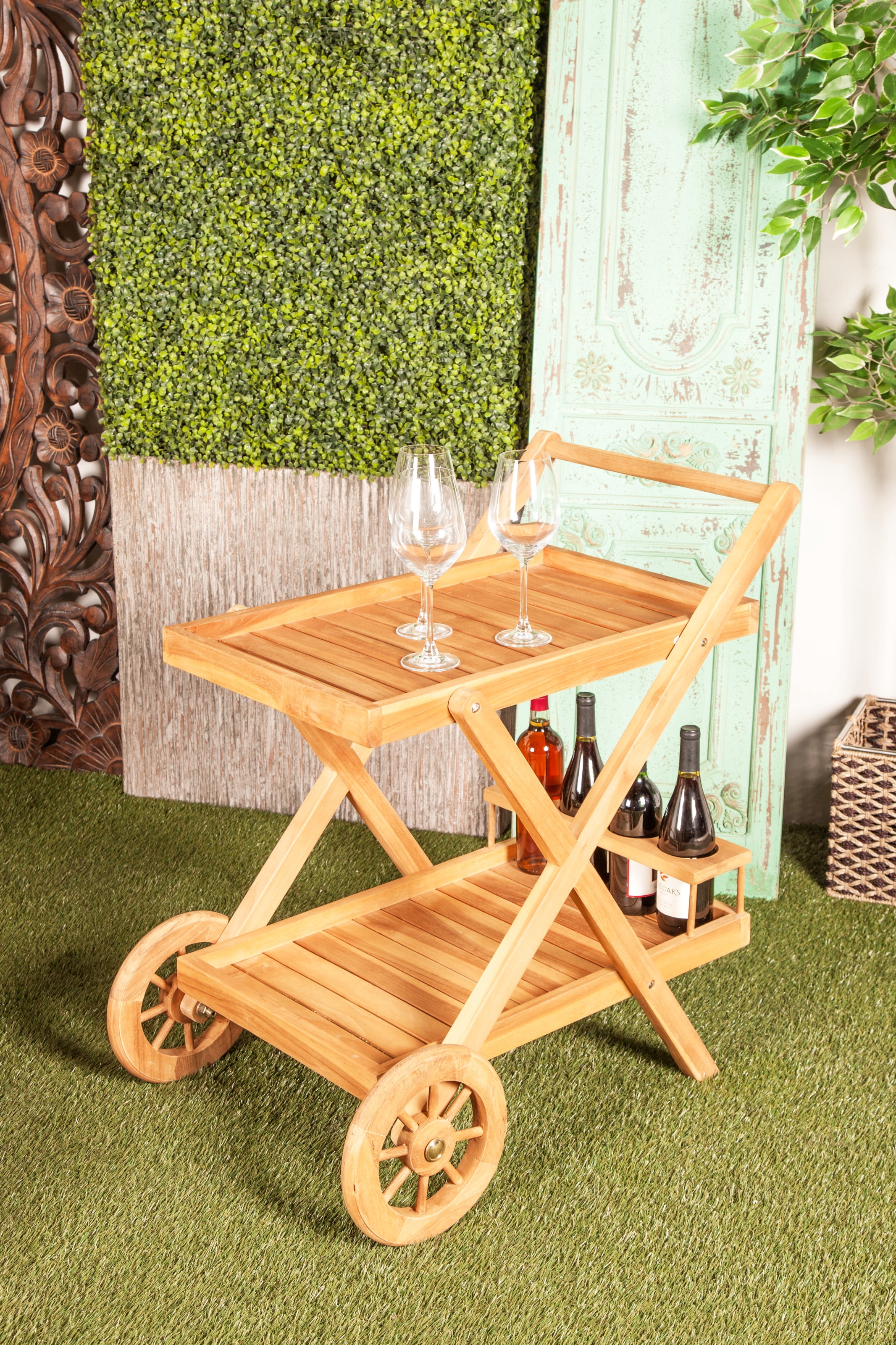 outdoor teak bar cart on Decmode 32 X 32 Brown Teak Wood Traditional Bar Cart Walmart Com Walmart Com