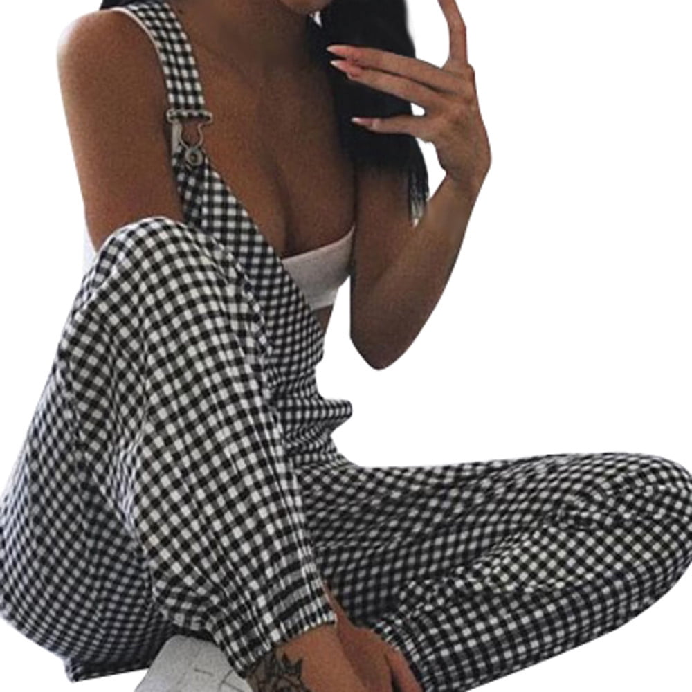 Fridja Women Sleeveless Dungarees Loose Plaid Long Playsuit