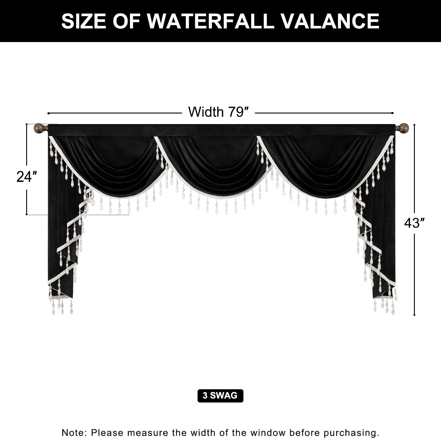 VOGOL Vintage Valances for Bedroom, Soft Velvet Swag Curtains with Tassels for Living Room, Rod Pocket Waterfall Valance for Banquet, Black, 79 inch Wide, 1 Panel