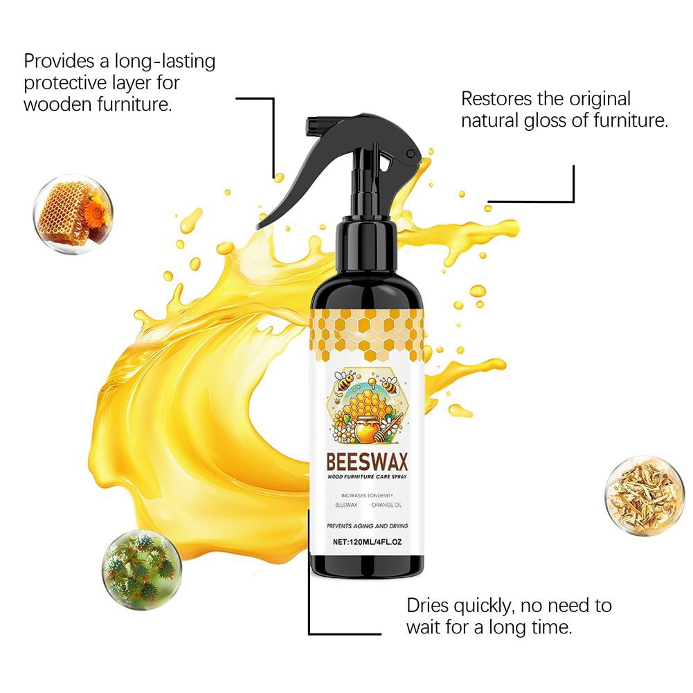 3pcs Beeswax Wood Furniture Polish Spray with Orange Oil, 120ml Cleaner Kit with Sponge & Towel, Wood Care for Tables Cabinets Living Room