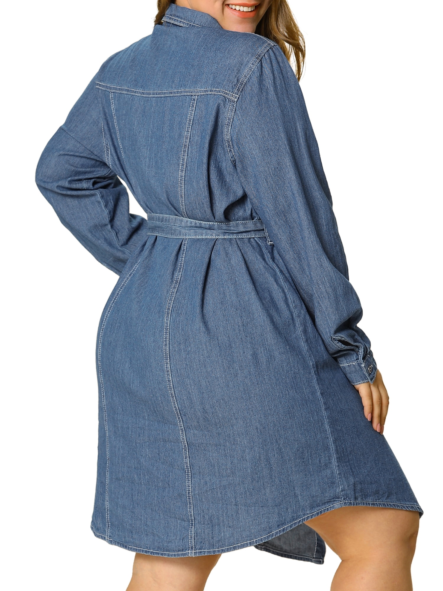 Women's Plus Size Long Sleeve Belted Above Knee Denim Shirt Dress