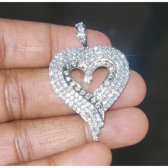 2.90Ct Round Natural Real Moissanite Double Heart Pendant 14K White Gold Plated